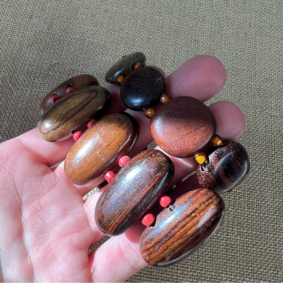 Wood bead stretchy bracelets set of 2 dark statement island tropical - Picture 2 of 4